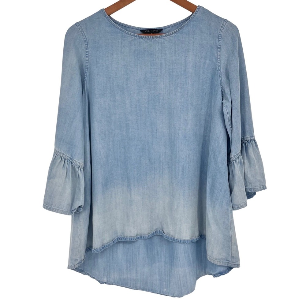 John Mark Tunic Women Small Light Blue Ombre Lyocell Ruffle Bell Sleeve Chambray
